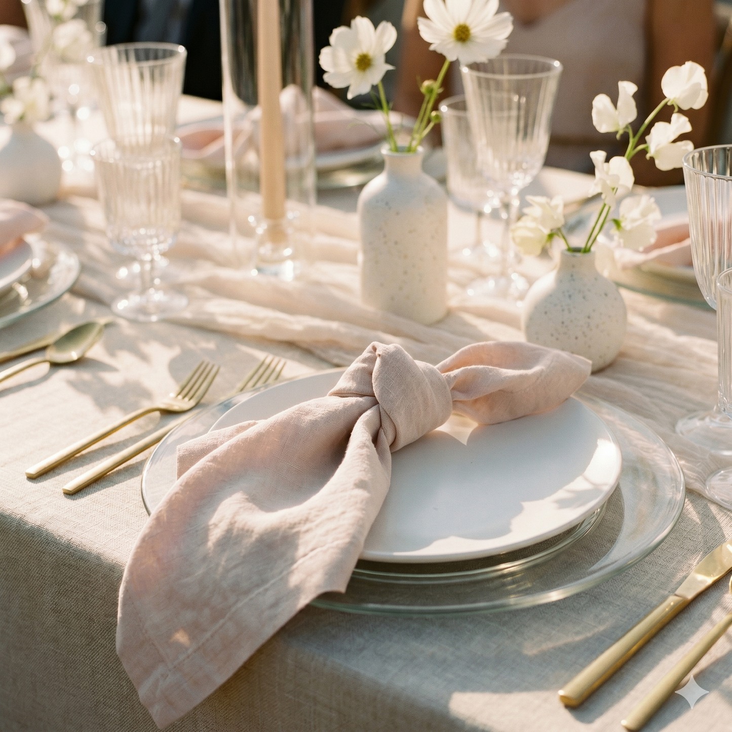 Blush plain linen napkins styled at a wedding table setting