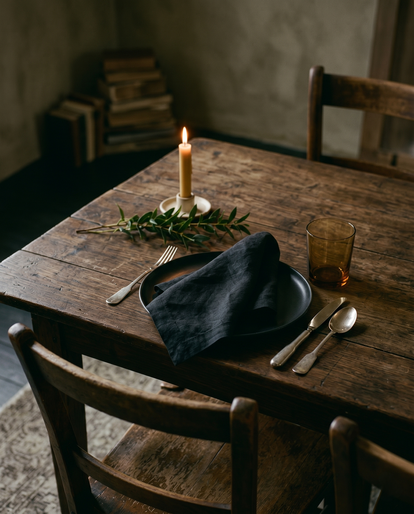 Black plain linen napkin on a styled table setting