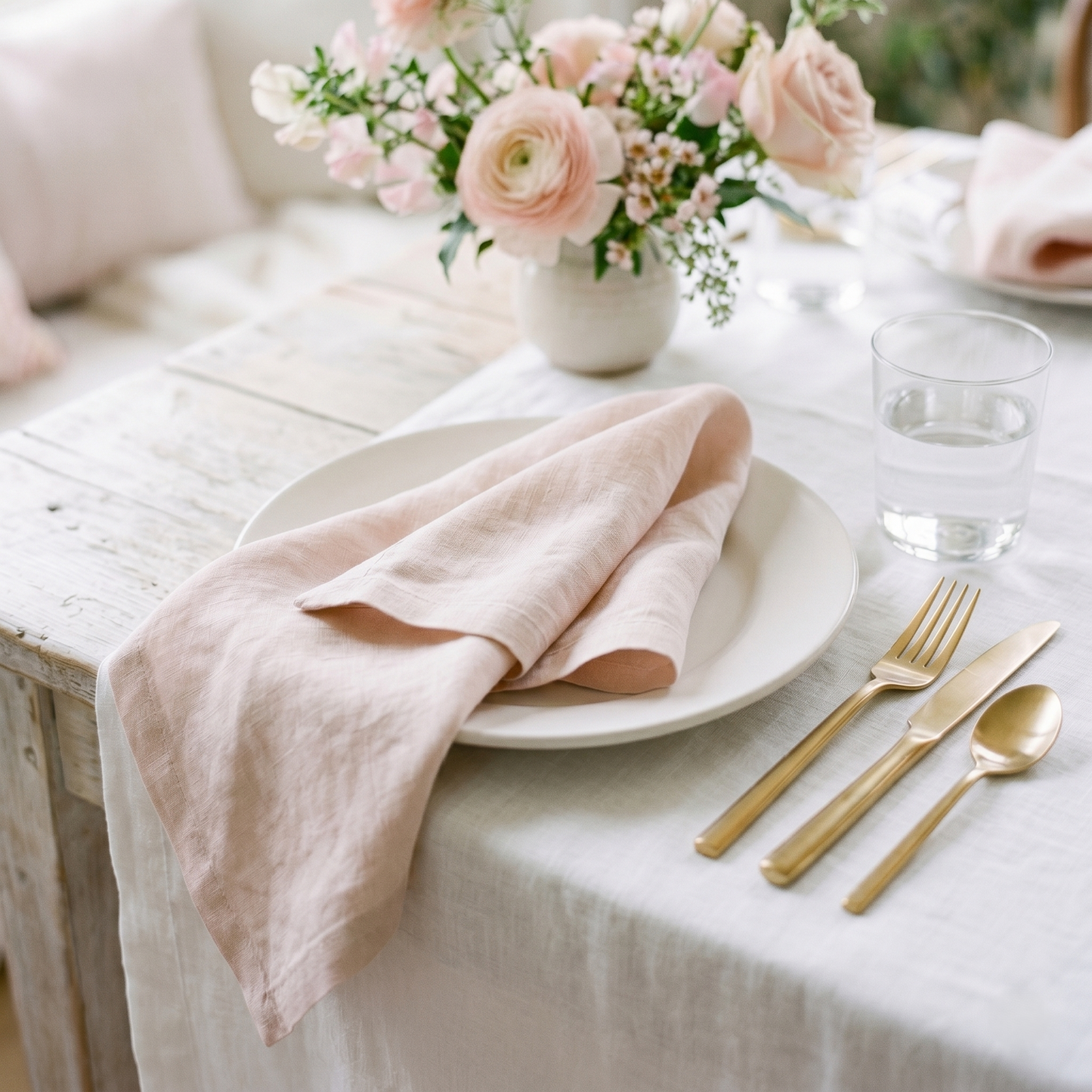 Blush plain linen napkin styled at a table place setting