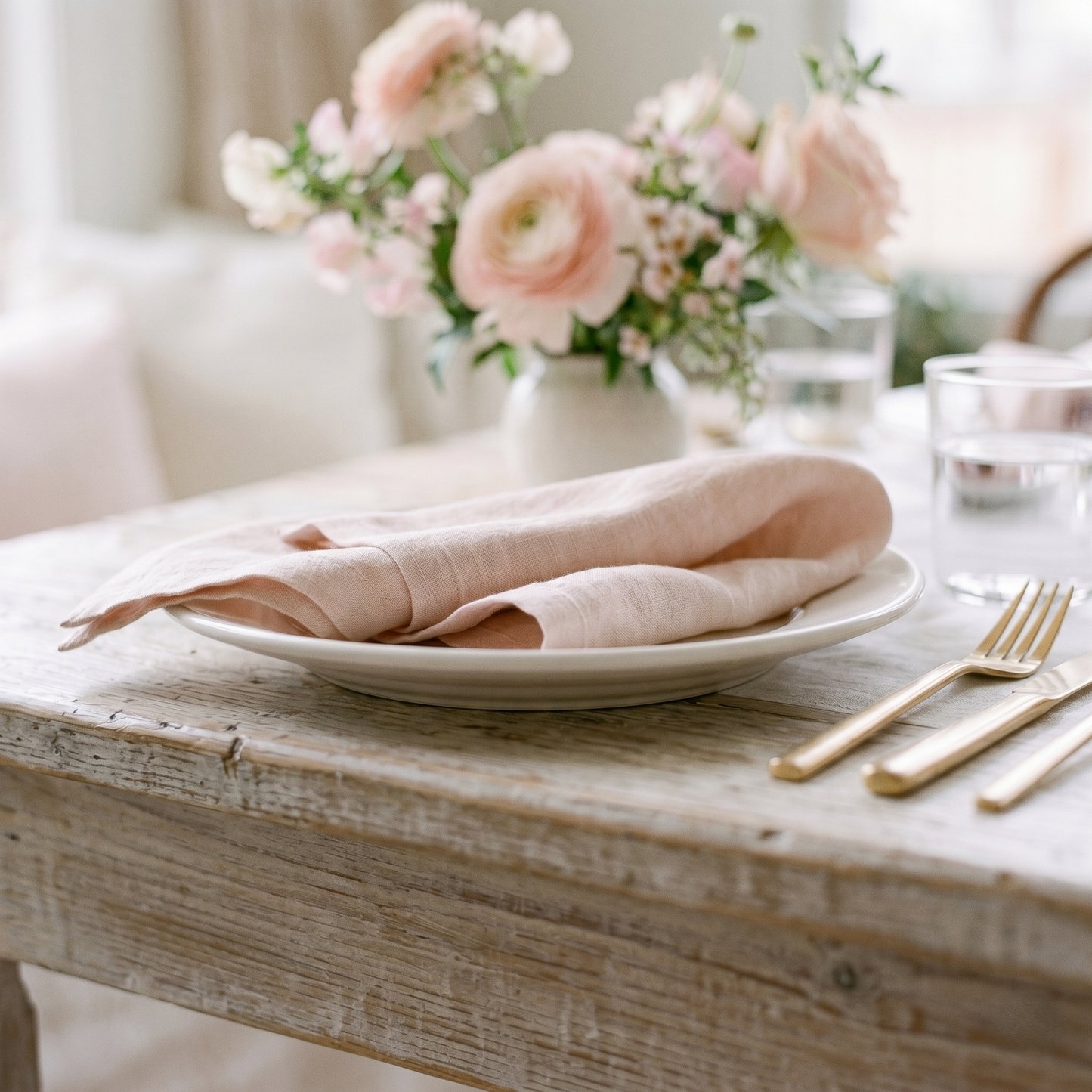 Blush plain linen napkin shown at a styled table setting