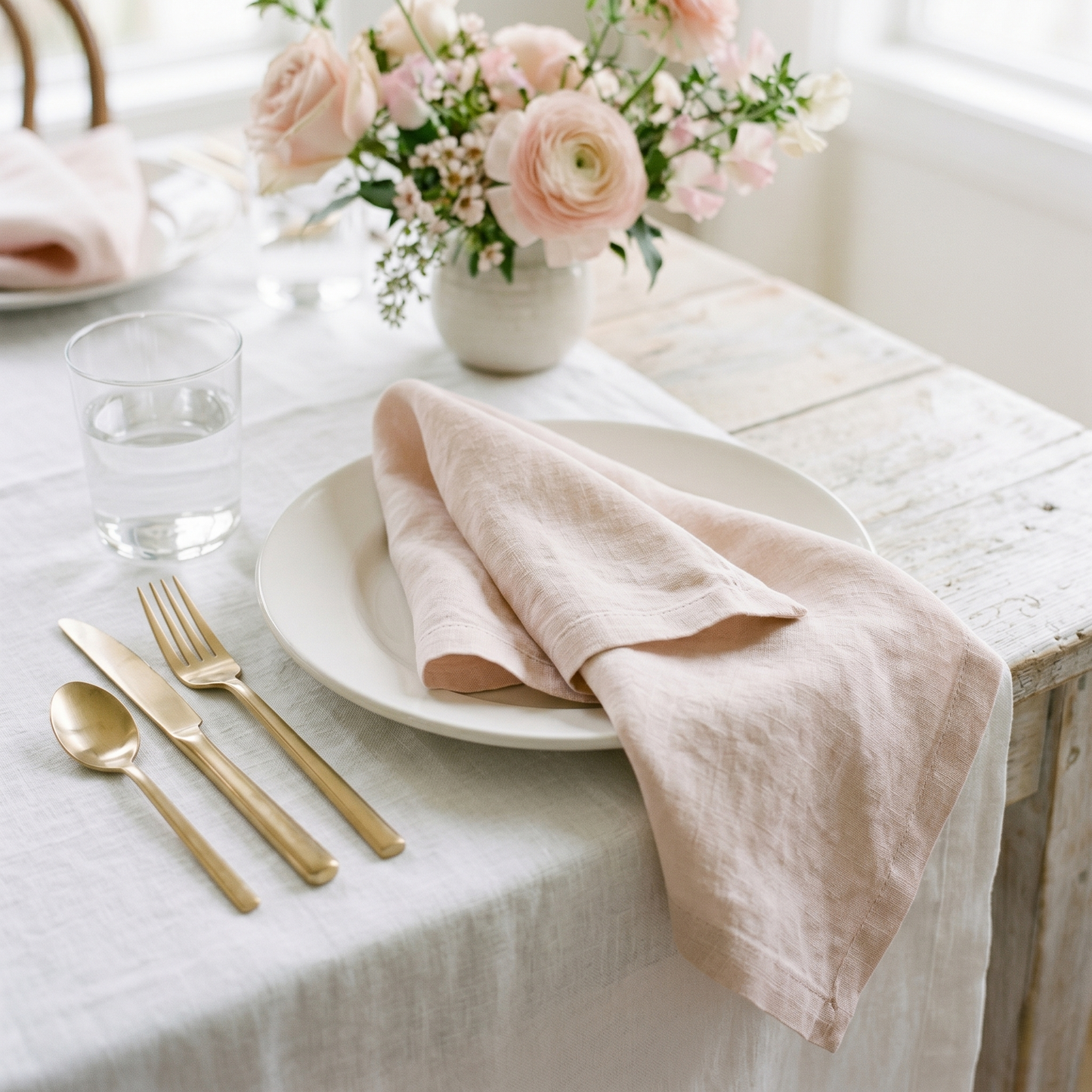 Blush plain linen napkin styled with complementary tableware