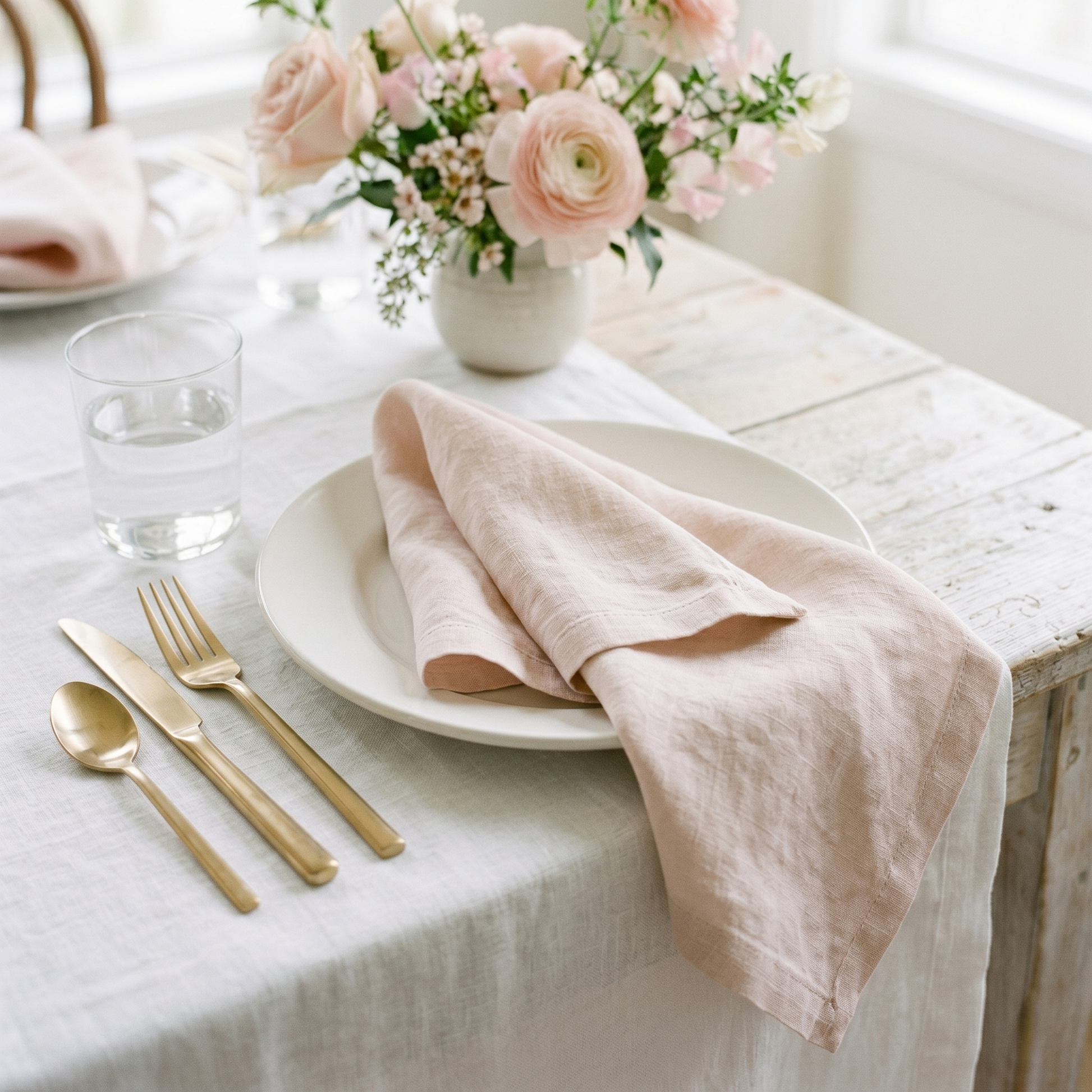 Blush plain linen napkin styled with complementary tableware