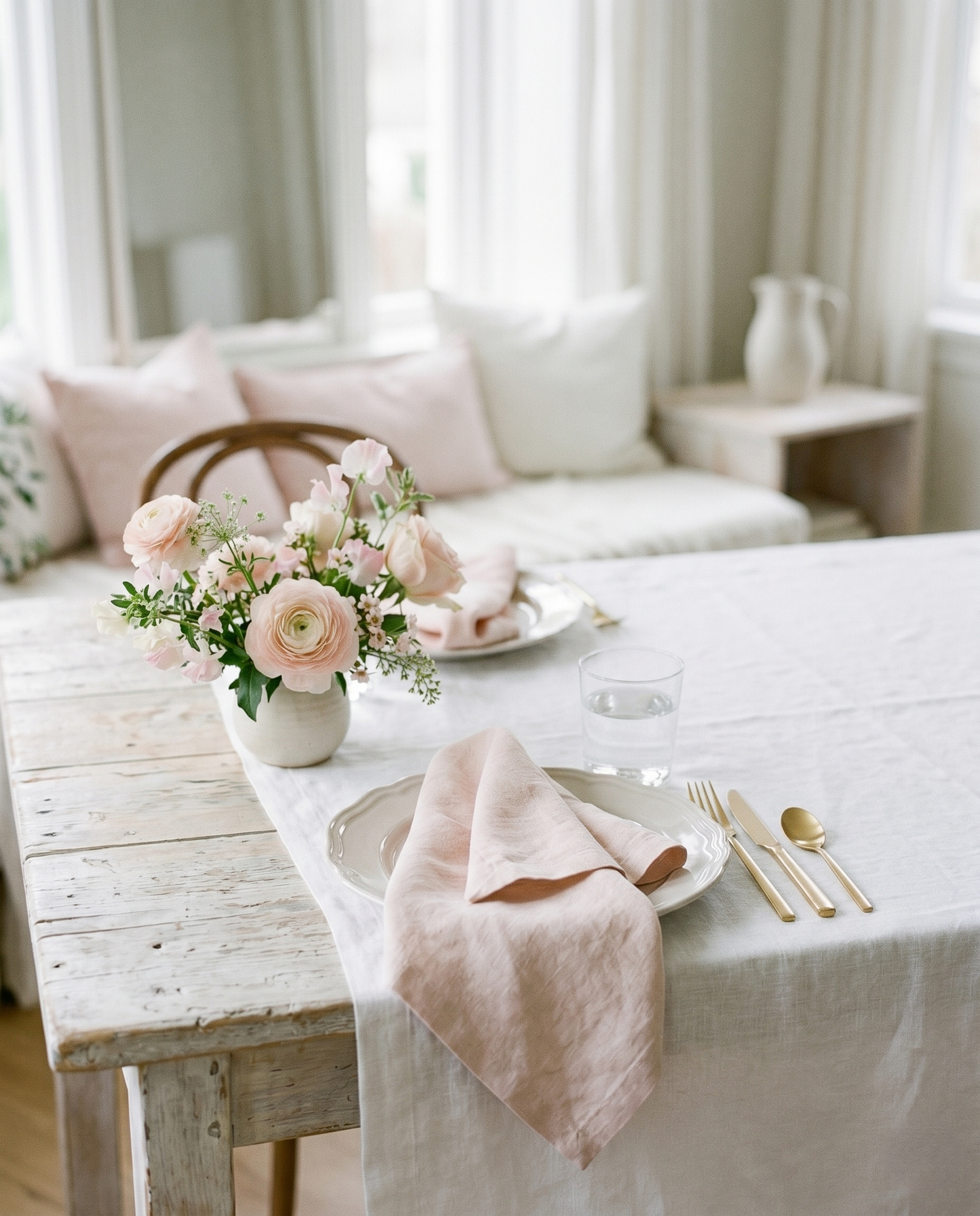 Blush plain linen napkin on a styled table setting