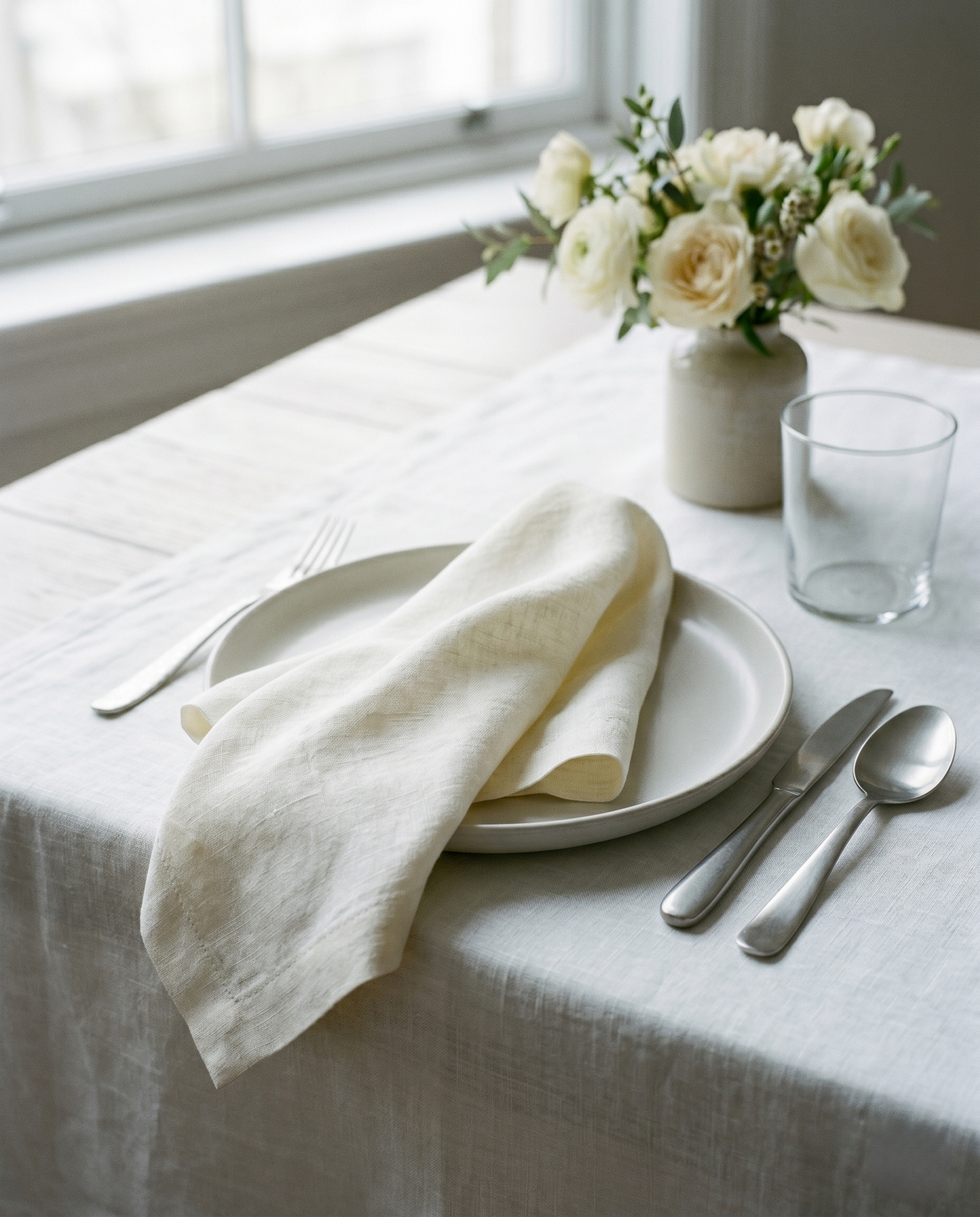 Ivory plain linen napkin styled at a table place setting