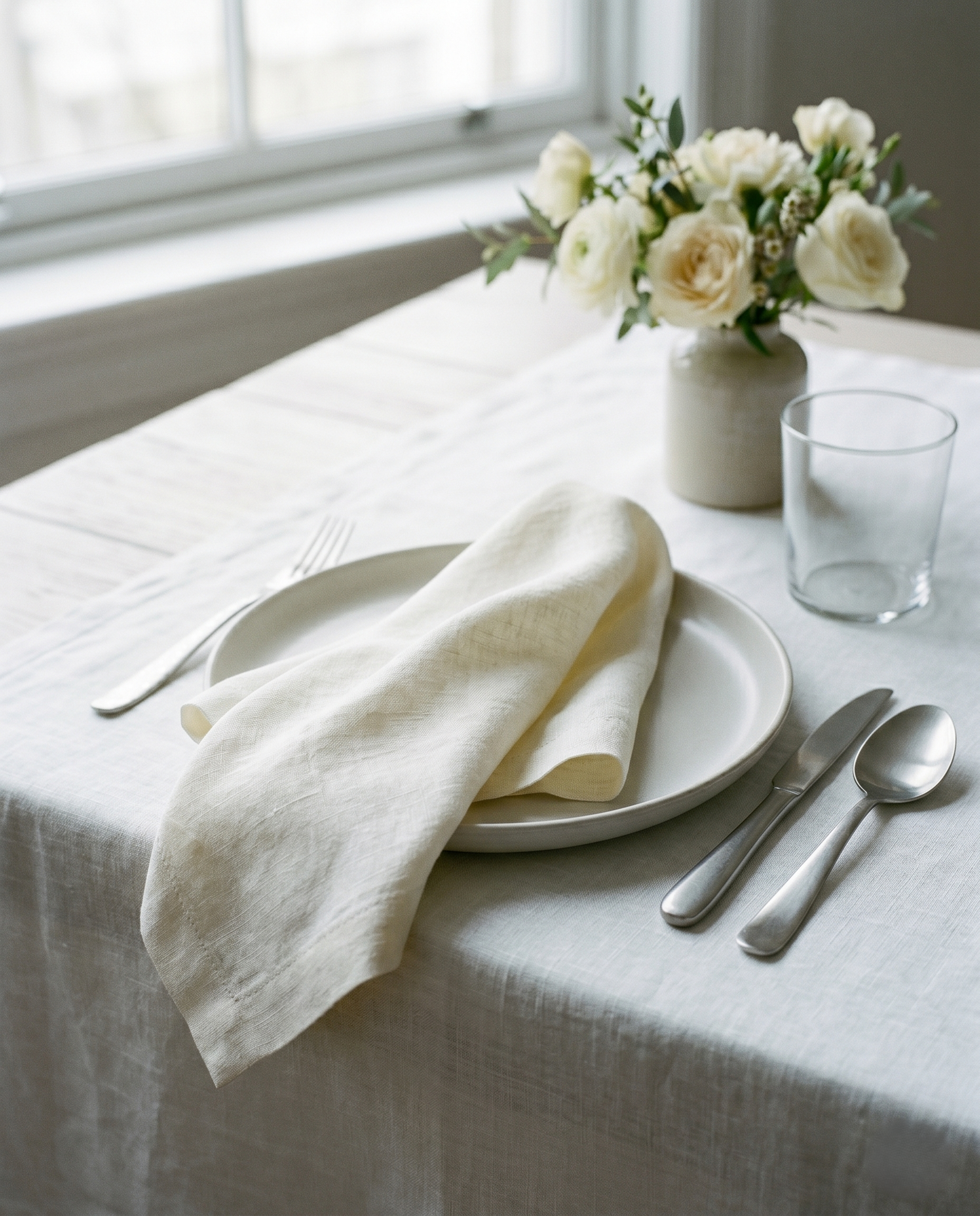 Ivory plain linen napkin styled at a table place setting