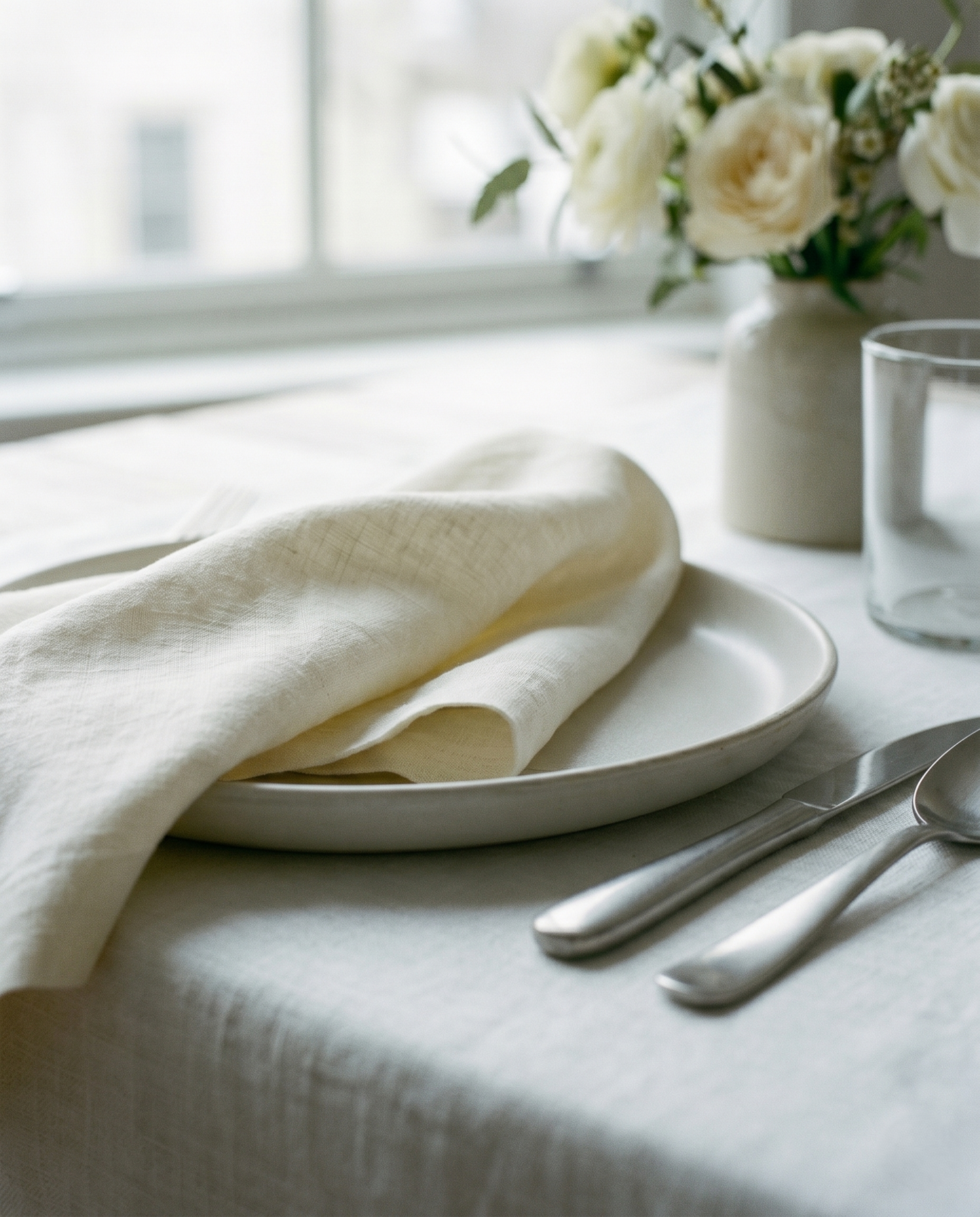 Ivory plain linen napkin shown at a styled table setting