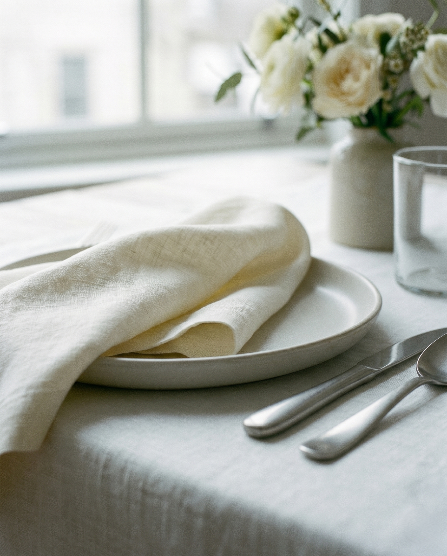 Ivory plain linen napkin shown at a styled table setting