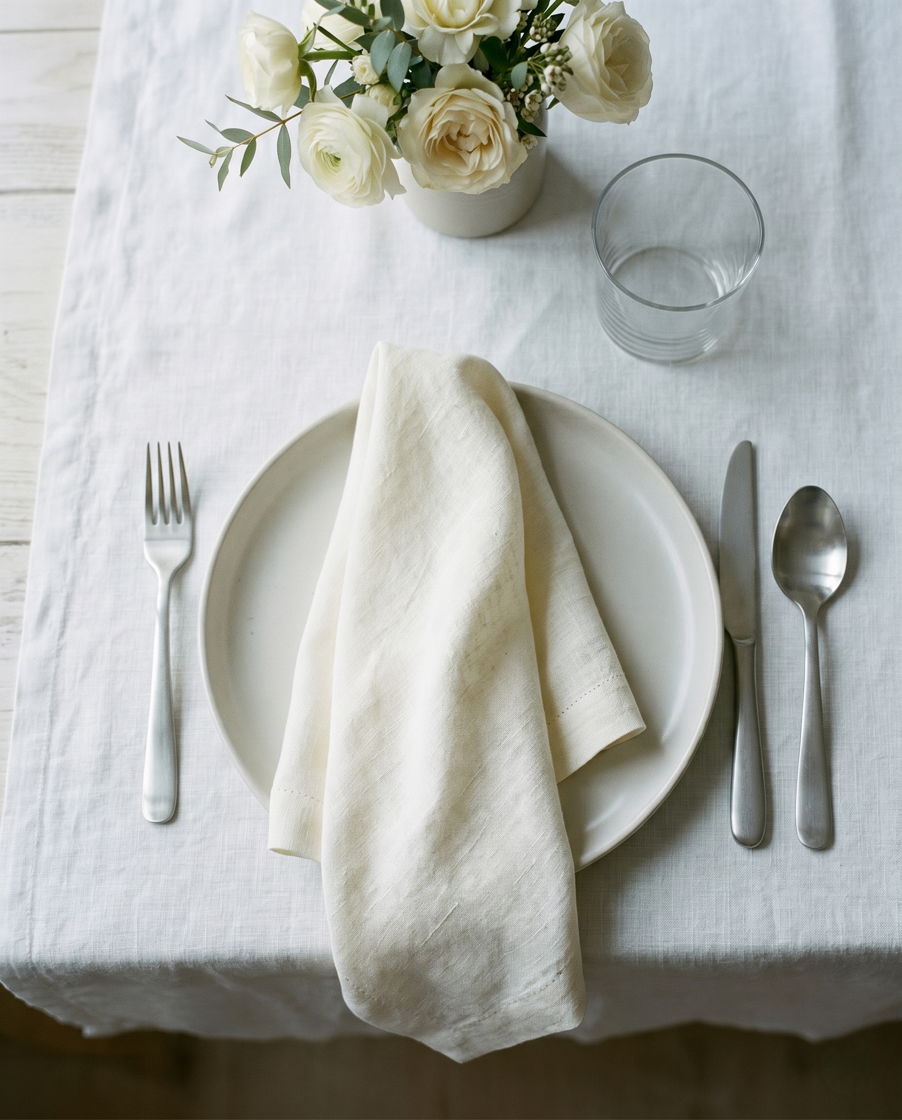Ivory plain linen napkin styled with complementary tableware