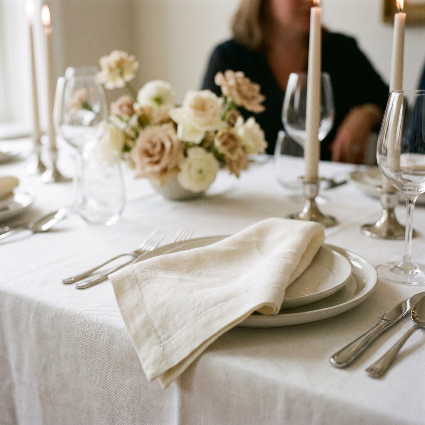 Ivory plain linen napkins styled at a wedding table setting