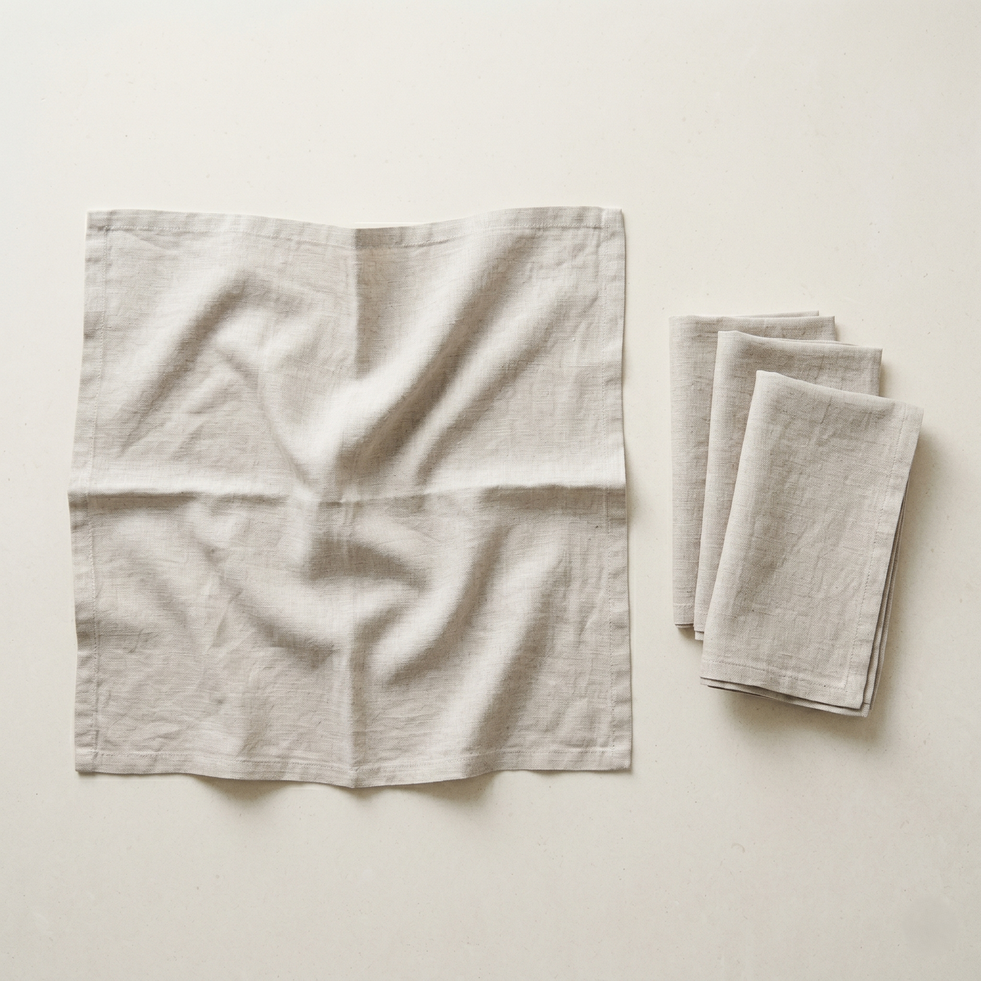 Stack of four folded sand plain linen napkins in natural oatmeal-toned pure linen