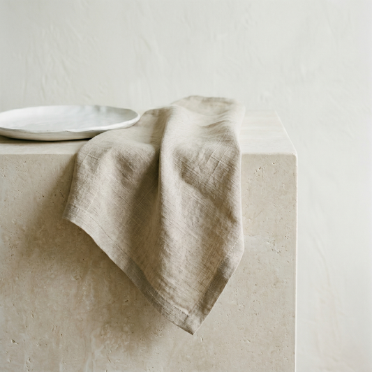 Sand plain pure linen napkin draped to show its soft, slubby natural-oatmeal weave