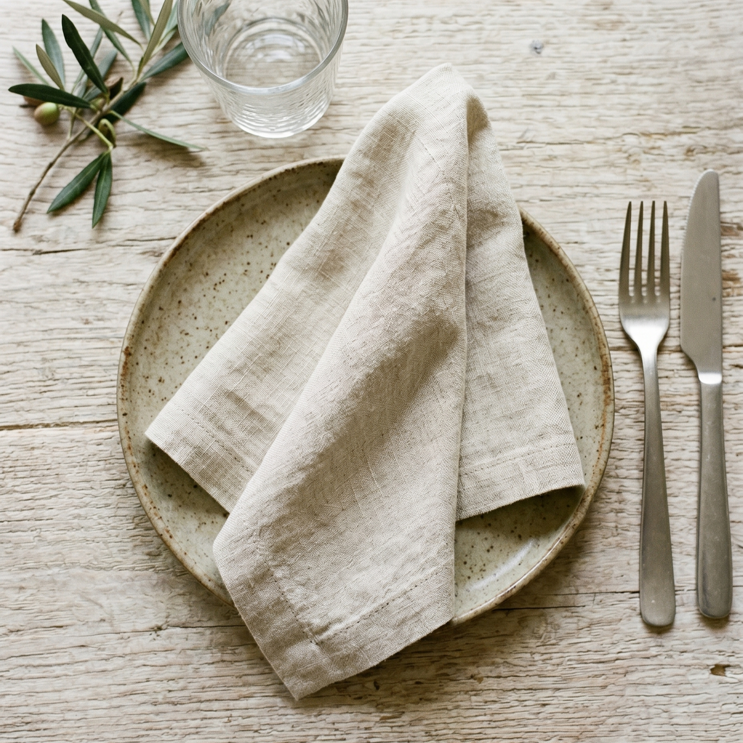 Sand plain linen napkin styled with complementary tableware