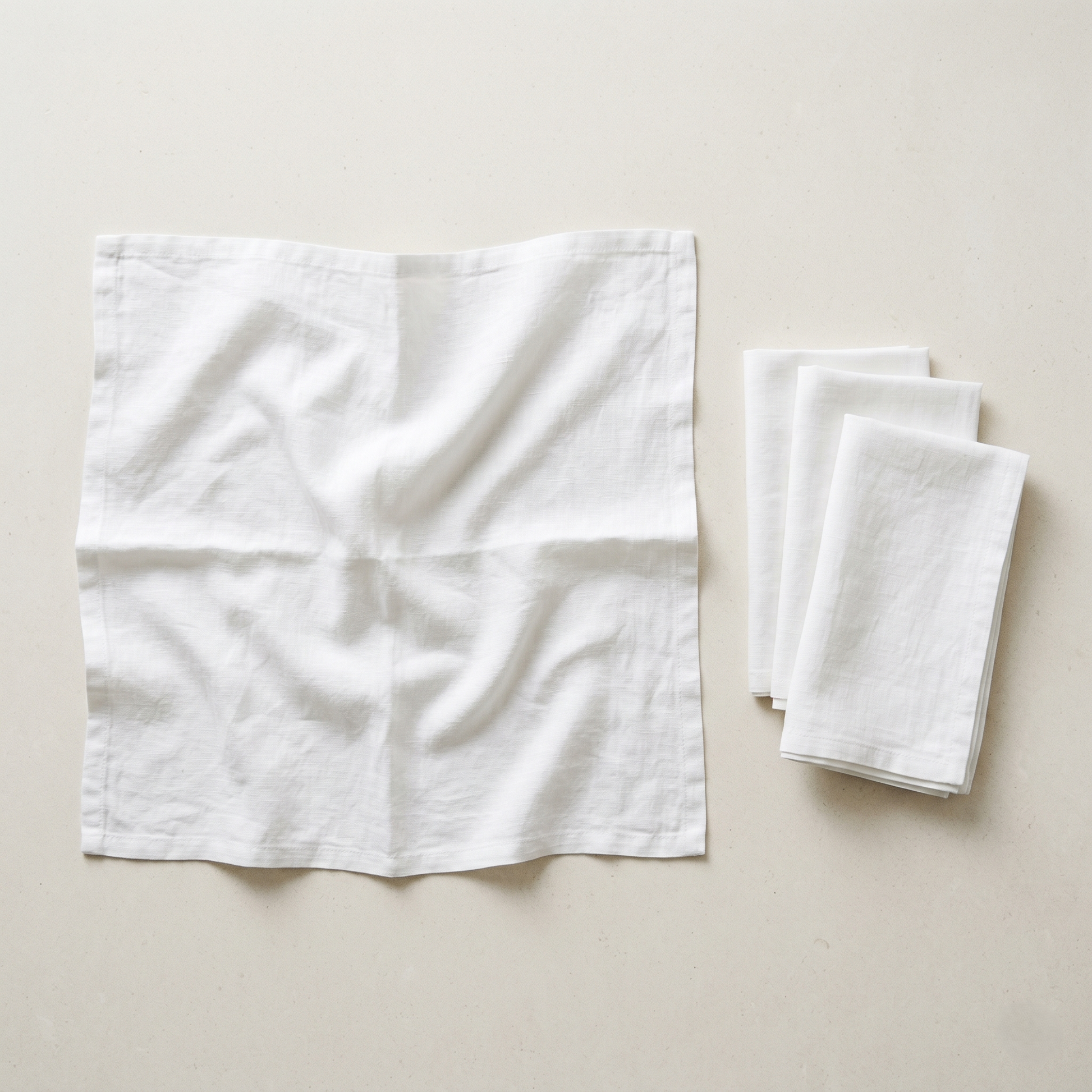 Stack of four folded white plain linen napkins in soft pure linen