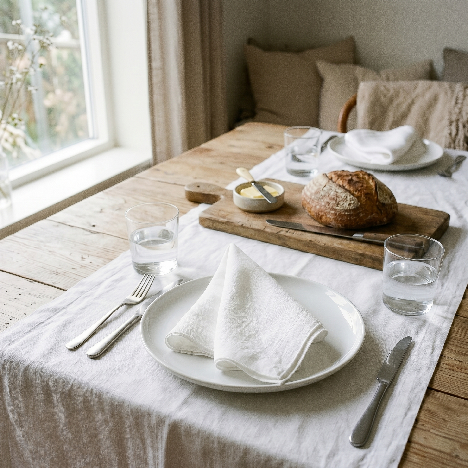 White plain linen napkin styled at a table place setting