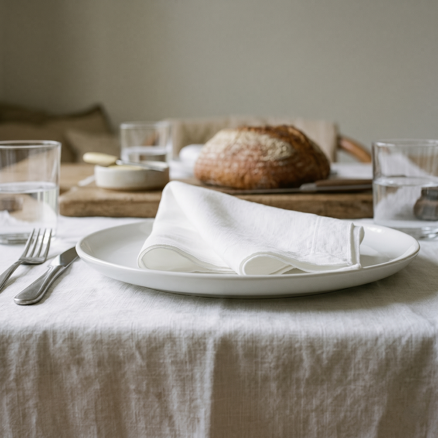 White plain linen napkin shown at a styled table setting